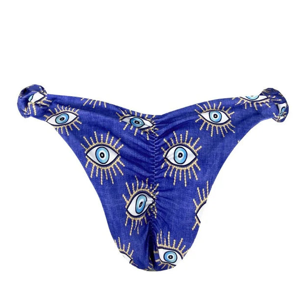 Blue Greek Eye Brazilian Classic Side Scrunch Bikini Bottom