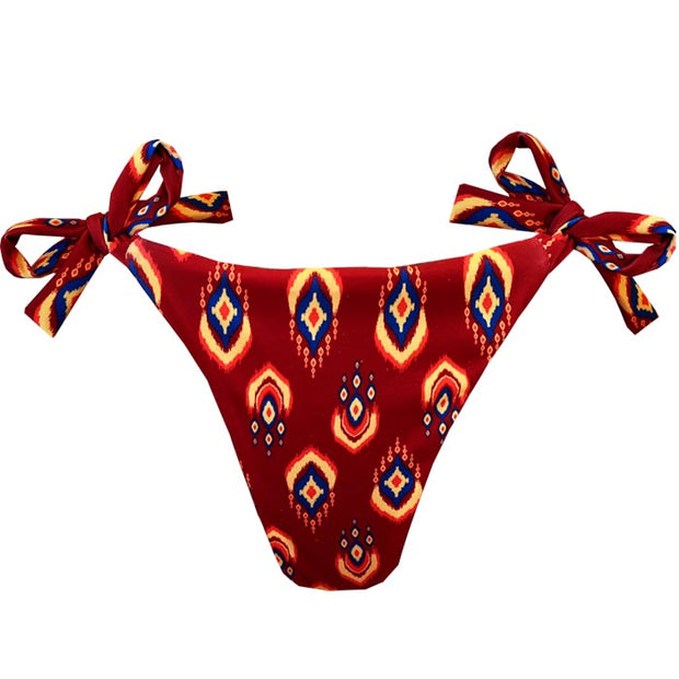 Brown Ethnic Brazilian Tie Side Scrunch Bikini Bottom
