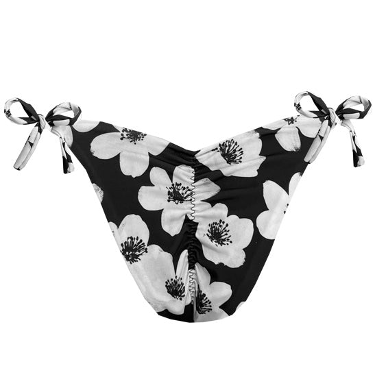 Black and White Floral Brazilian Tie Side Scrunch Bikini Bottom