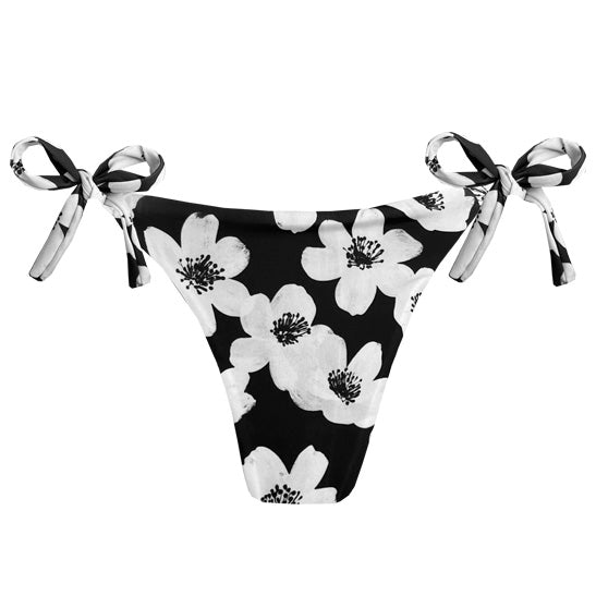 Black and White Floral Brazilian Tie Side Scrunch Bikini Bottom