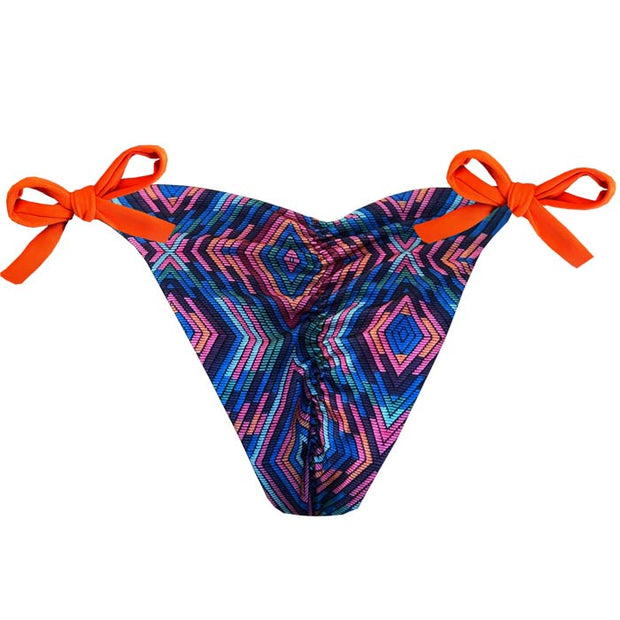 Orange Ethnic Geometric Brazilian Tie Side Scrunch Bikini Bottom