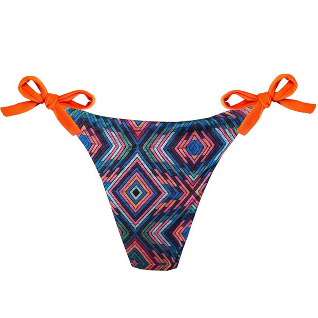 Orange Ethnic Geometric Brazilian Tie Side Scrunch Bikini Bottom