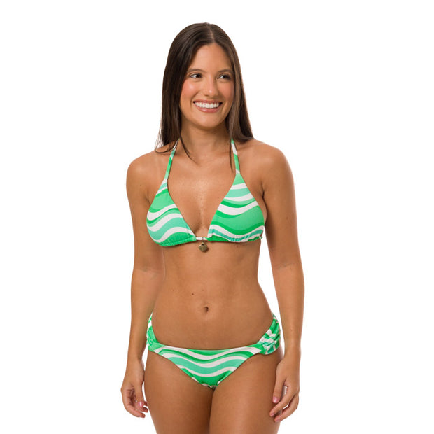Ribbed White and Green Brazilian Classic Side Scrunch Bikini Bottom
