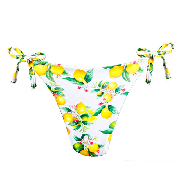 White Lemon Flowers Brazilian Tie Side Scrunch Bikini Bottom