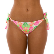 Neon Green Pink Shells Brazilian Tie Side Scrunch Bikini Bottom