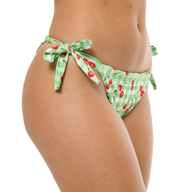 Cherry Green Checkered Brazilian Tie Side Scrunch Bikini Bottom