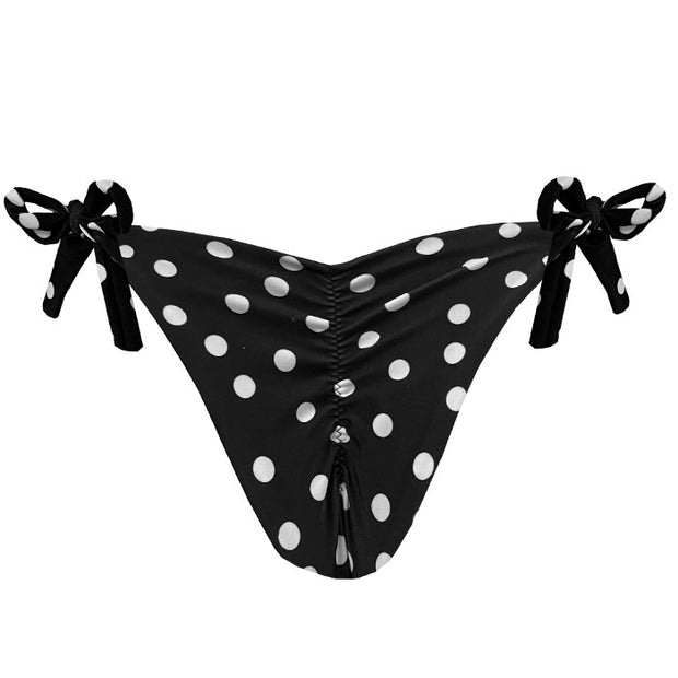 Black White Polka Dots Brazilian Tie Side Scrunch Bikini Bottom