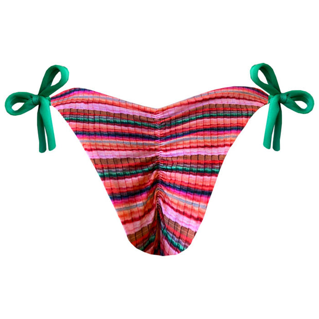 Red Green Stripes Brazilian Tie Side Scrunch Bikini Bottom