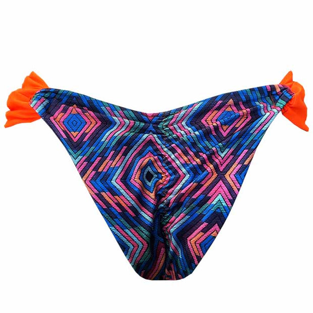 Orange Ethnic Geometric Brazilian Classic Side Scrunch Bikini Bottom