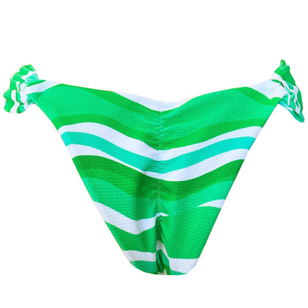 Ribbed White and Green Brazilian Classic Side Scrunch Bikini Bottom