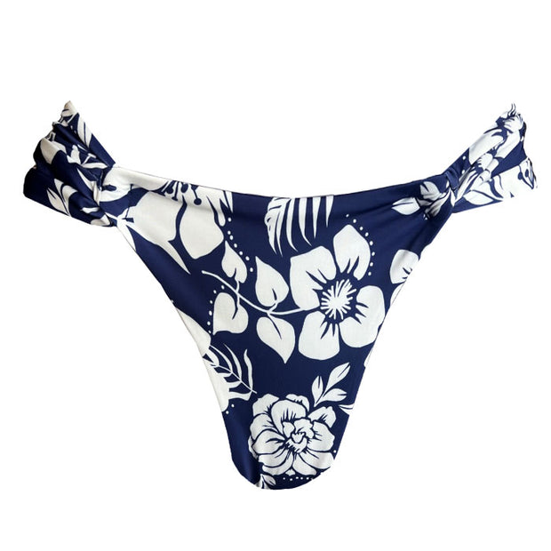 Navy Blue Flowers Brazilian Classic Side Scrunch Bikini Bottom