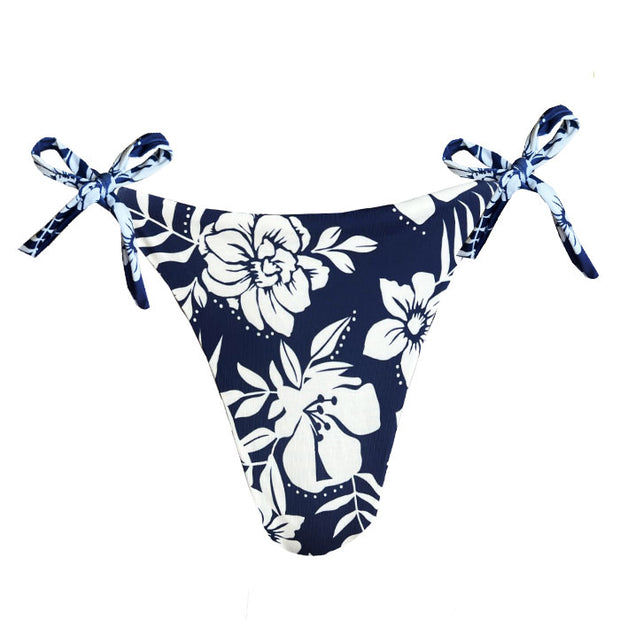 Navy Blue Flowers Brazilian Tie Side Scrunch Bikini Bottom