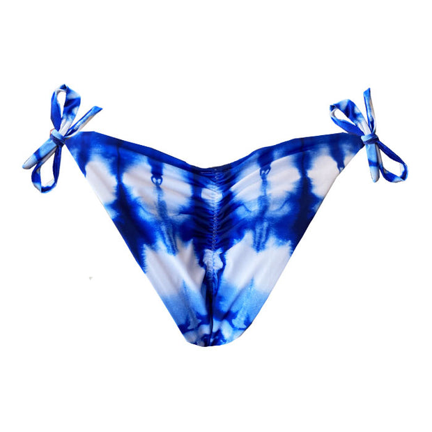 Blue and White Tie Dye Brazilian Tie Side Scrunch Bikini Bottom