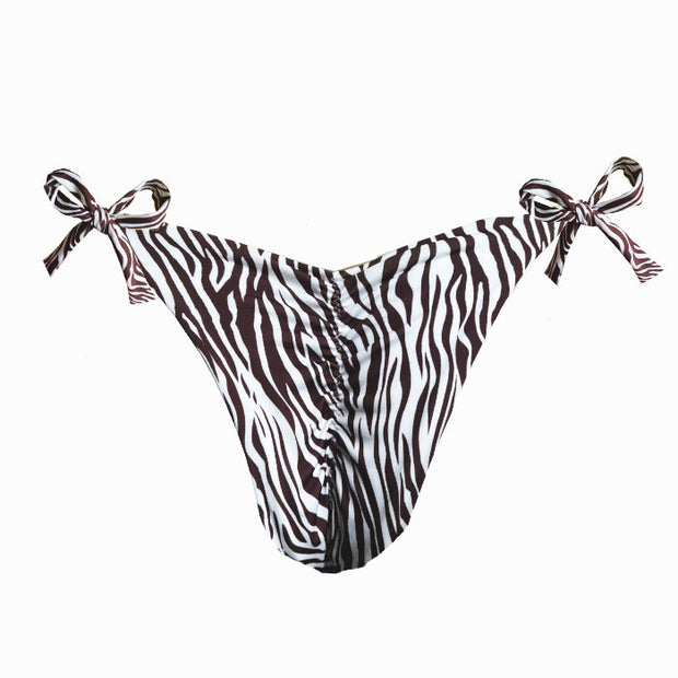 White Brown Zebra Brazilian Tie Side Scrunch Bikini Bottom