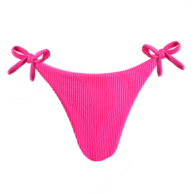 Solid Ribbed Neon Pink Brazilian Tie Side Scrunch Bikini Bottom