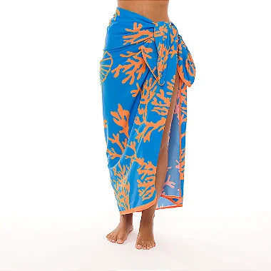 Blue Orange Sea Coral Swim Sarong Pareo Cover Up