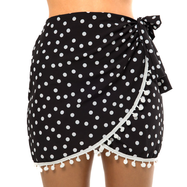 Black White Polka Dots Swim Cover Up Pareo Skirt