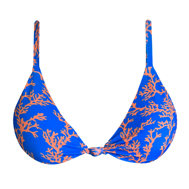 Blue Orange Sea Coral Brazilian Fixed Knot Triangle Bikini Top