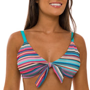 Colorful Stripes Brazilian Fixed Knot Triangle Bikini Top