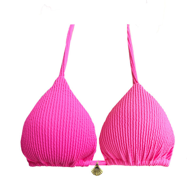 Solid Ribbed Neon Pink Brazilian Triangle Bikini Top