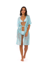 Blue White Flowers Swim Cover Up Kimono