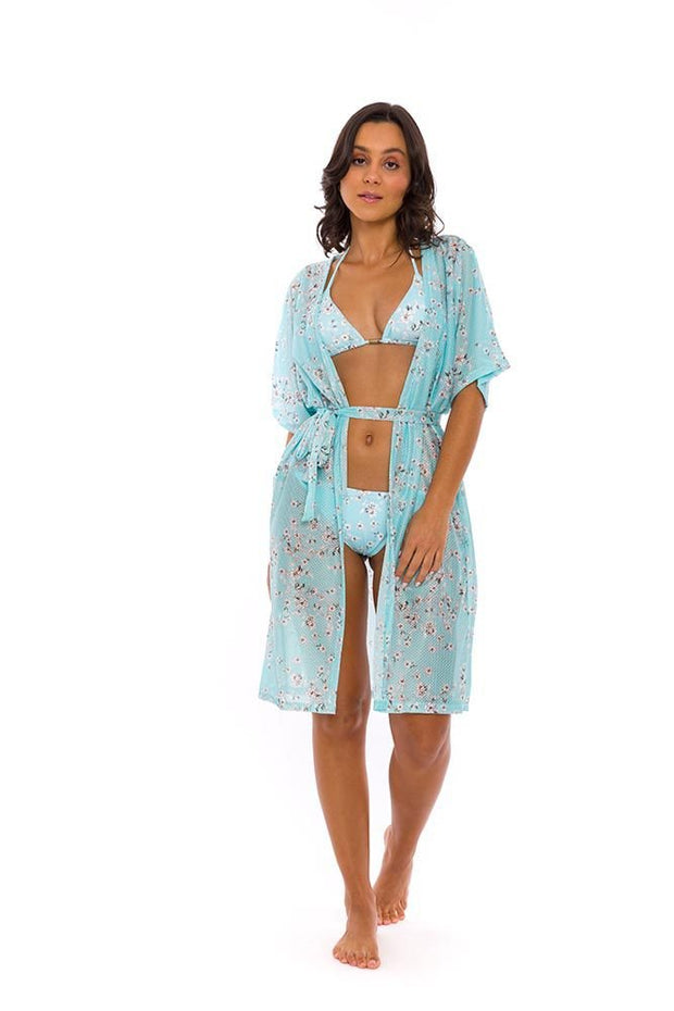 Blue White Flowers Swim Cover Up Kimono