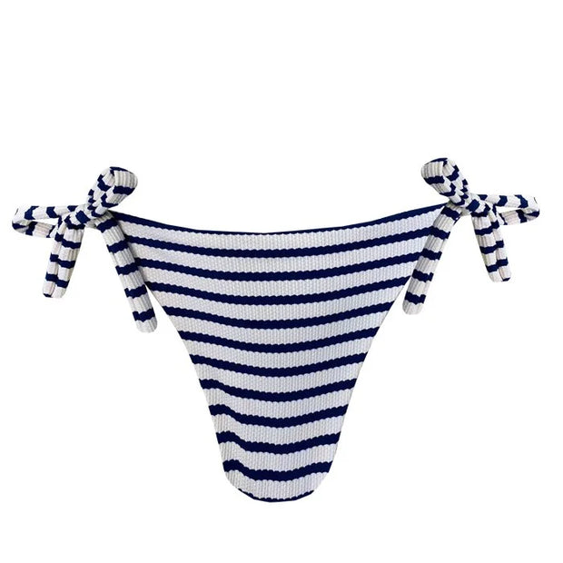 Blue Jacquard Navy Stripes Brazilian Tie Side Scrunch Bikini Bottom