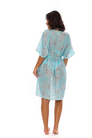 Blue White Flowers Swim Cover Up Kimono
