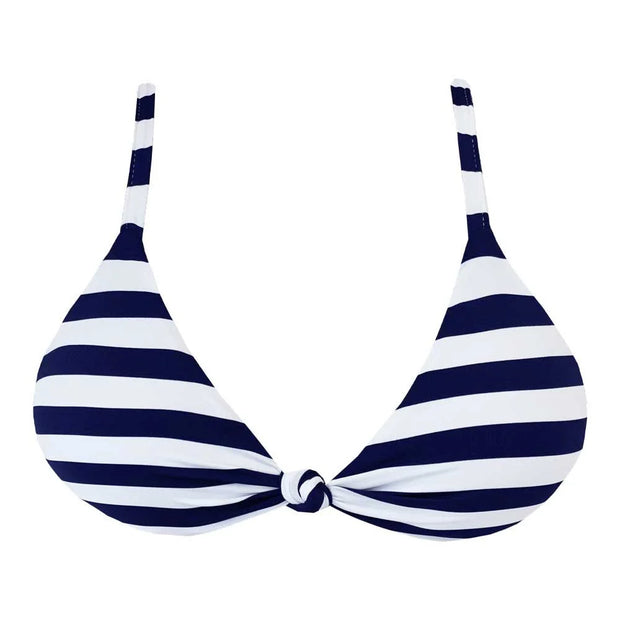 Blue Navy Stripes Brazilian Fixed Knot Triangle Bikini Top