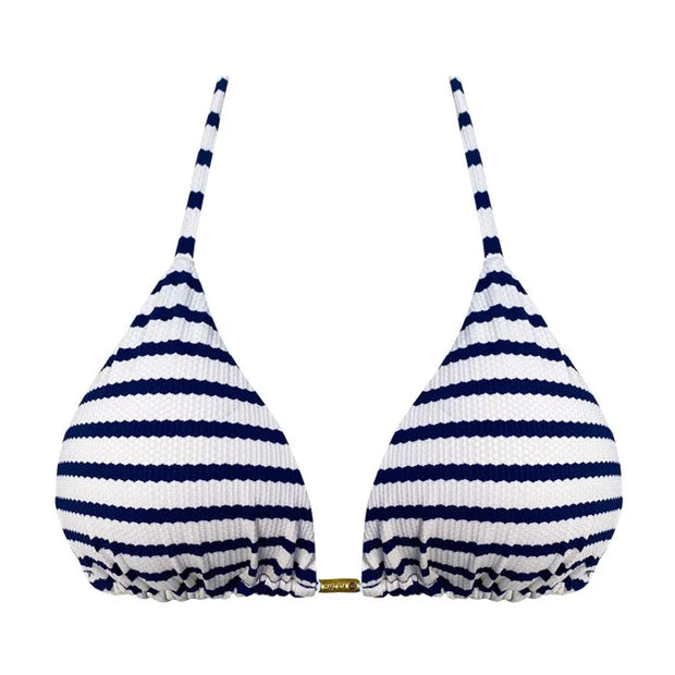 Blue Jacquard Navy Stripes Brazilian Triangle Bikini Top