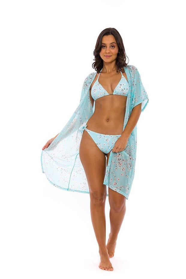 Blue White Flowers Swim Cover Up Kimono