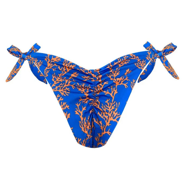 Blue Orange Sea Coral Brazilian Tie Side Scrunch Bikini Bottom