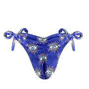 Blue Greek Eye Brazilian Tie Side Scrunch Bikini Bottom