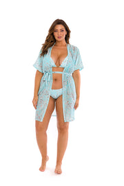 Blue White Flowers Swim Cover Up Kimono