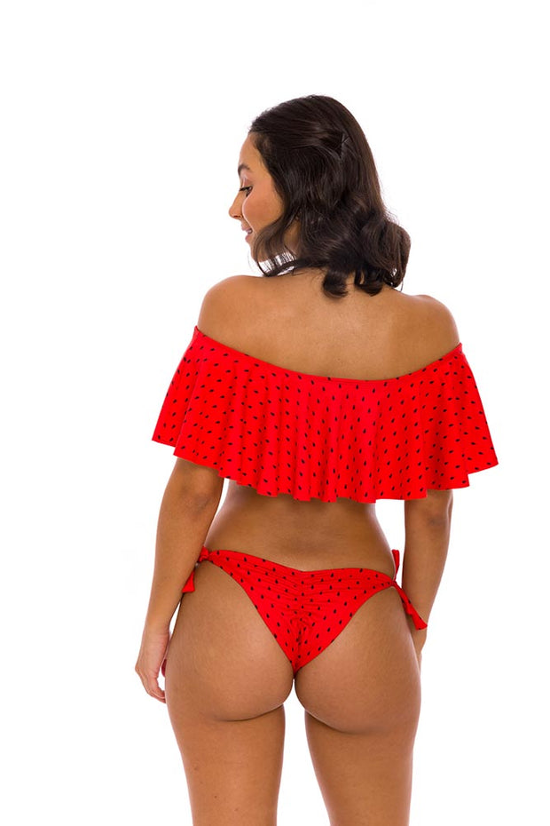 Red Watermelon Brazilian Flounce Off Shoulder Bikini Top