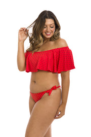 Red Watermelon Brazilian Flounce Off Shoulder Bikini Top
