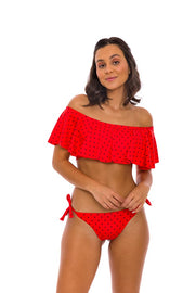 Red Watermelon Brazilian Flounce Off Shoulder Bikini Top