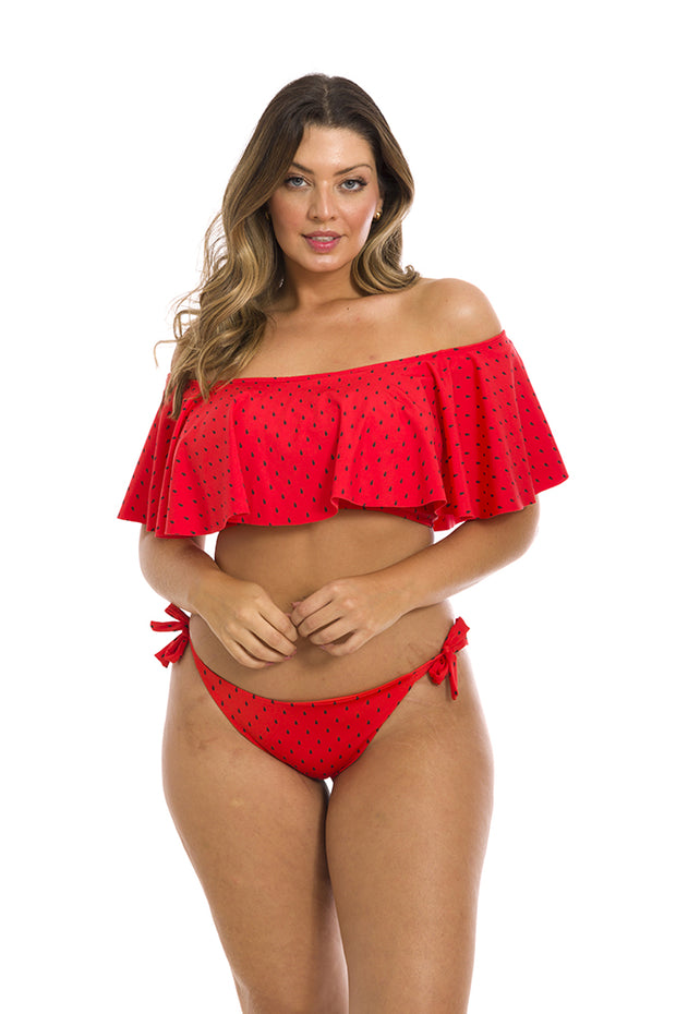 Red Watermelon Brazilian Flounce Off Shoulder Bikini Top