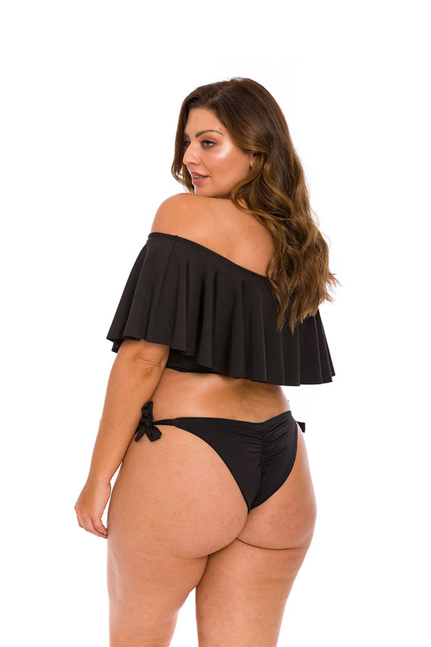 Solid Black Brazilian Flounce Off Shoulder Bikini Top