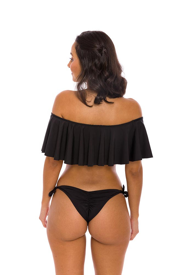 Solid Black Brazilian Flounce Off Shoulder Bikini Top